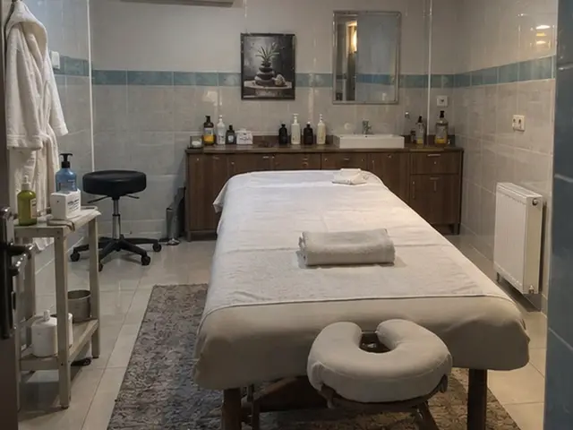 Lavabolu, raflı odada hazır masaj masası — Firuzağa, Masaj Salonun